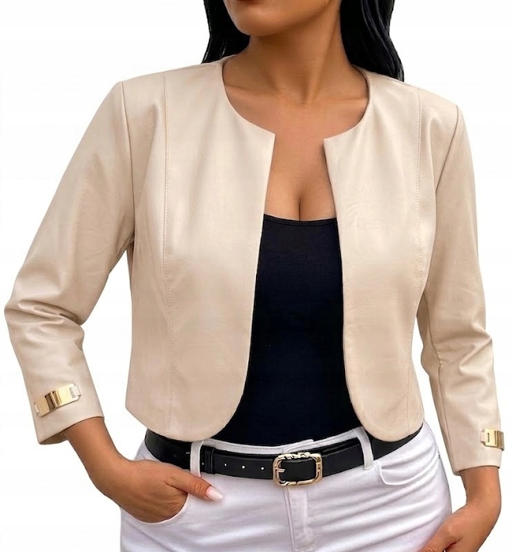 Bolerko beżowe eko skóra marynarka żakiet narzutka plus size wesele 40-L