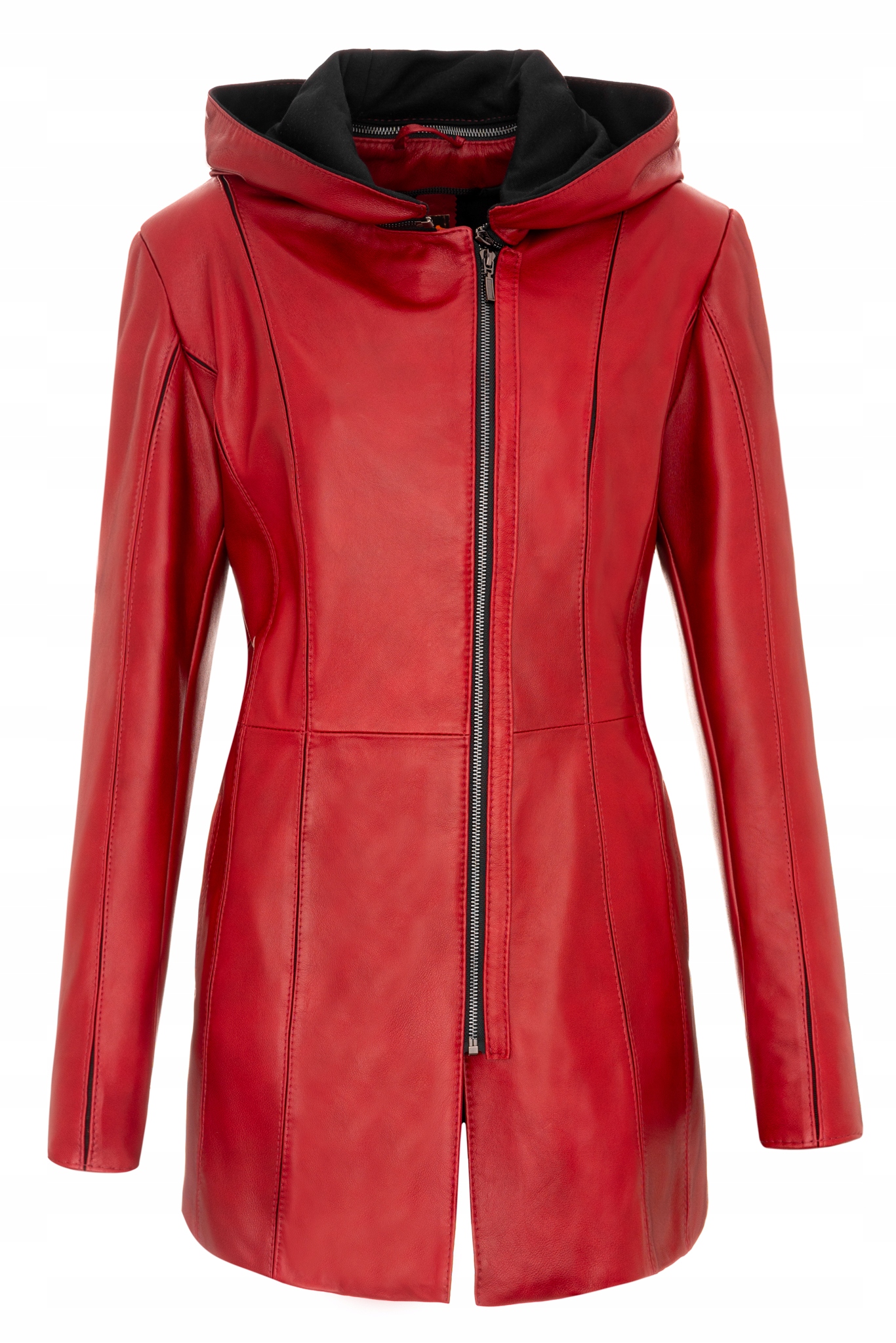 Czerwony płaszcz SKÓRZANY damski z odpinanym kapturem KAD-34 L 40