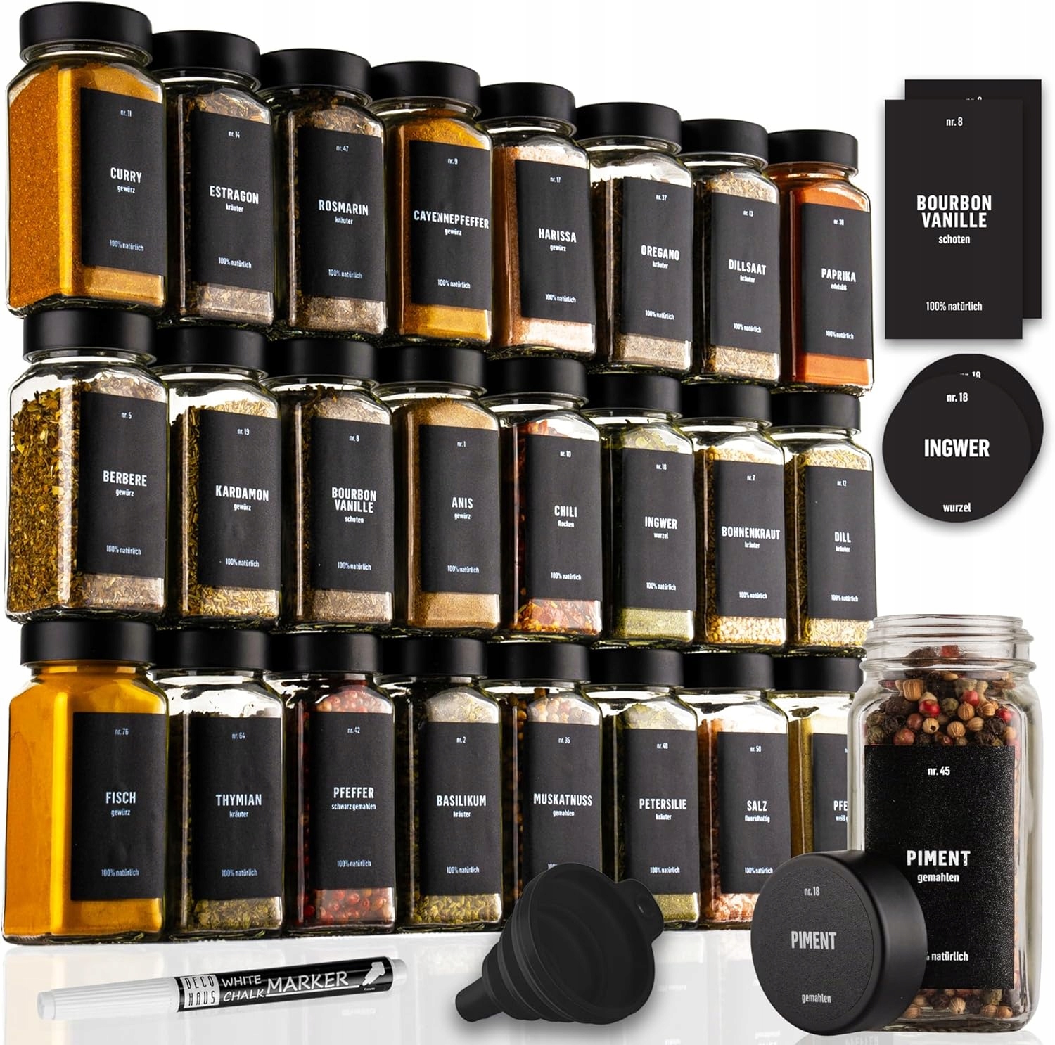 Skleničky Na Koření 24 Ks Skleněné S Uzávěry Štítků Trychtýř