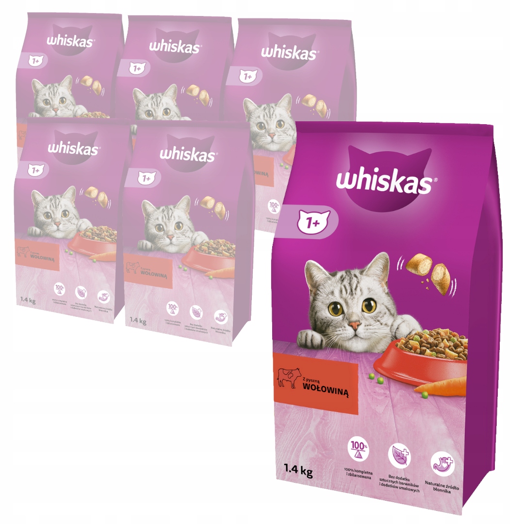 Levně Whiskas Adult Suché Krmivo Pro Kočky s hovězím masem 6x1,4 kg