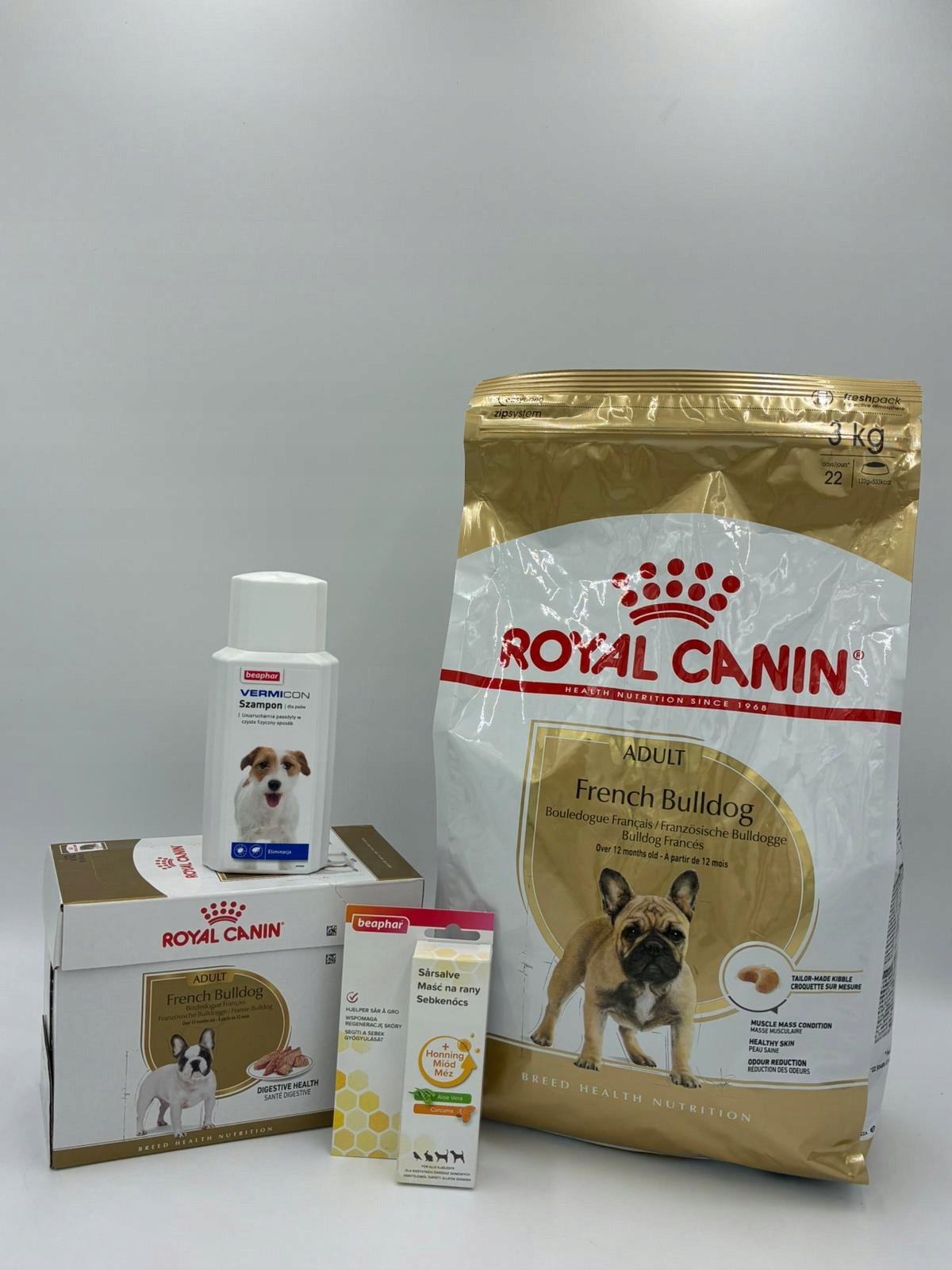 Sada Francouzský buldoček super, Krmivo suché, mokré, Mast na rány, Šampon