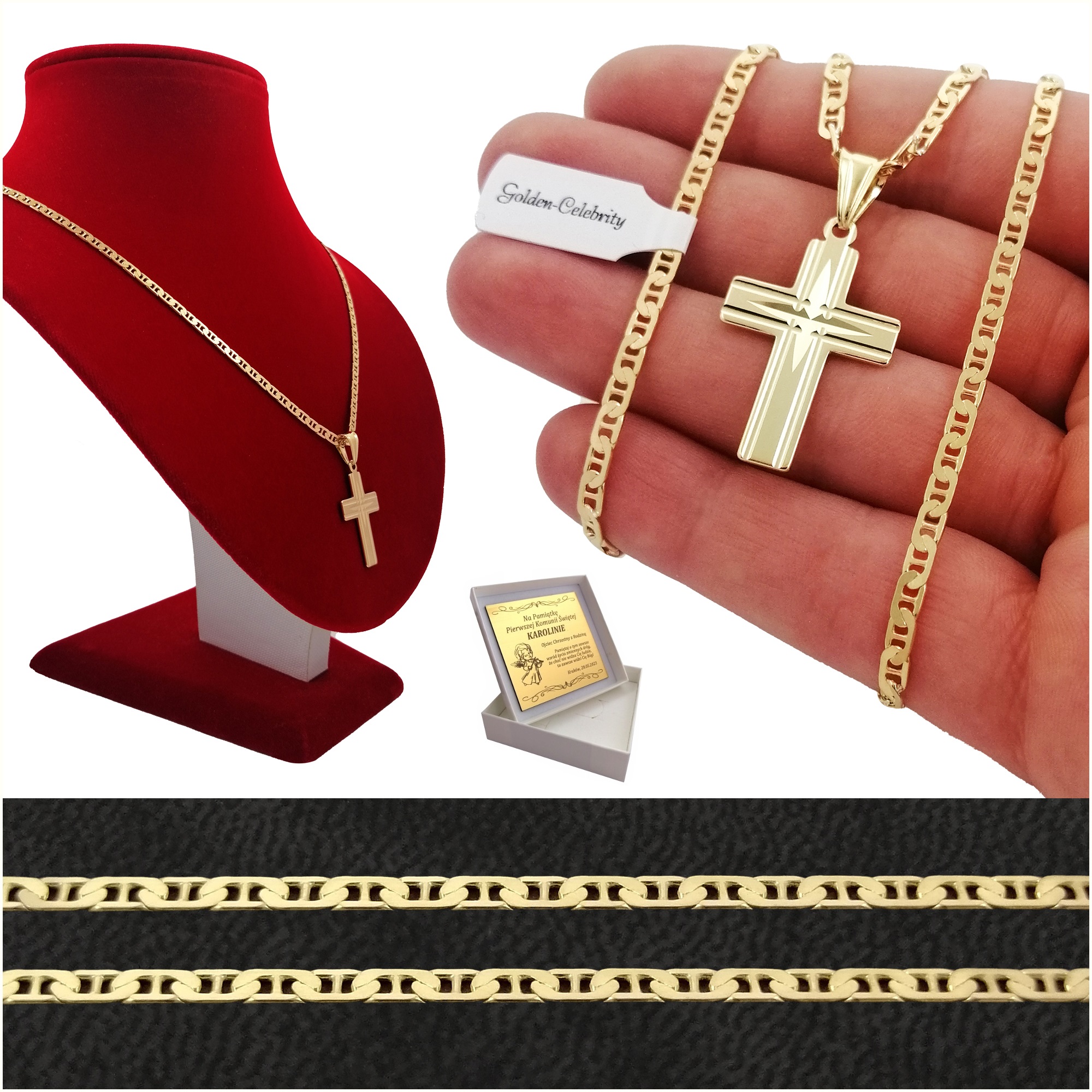 ZŁOTY NASZYJNIK Z KRZYŻYKIEM NA KOMUNIĘ 925+GRAWER NA CHRZEST, KOMUNIĘ