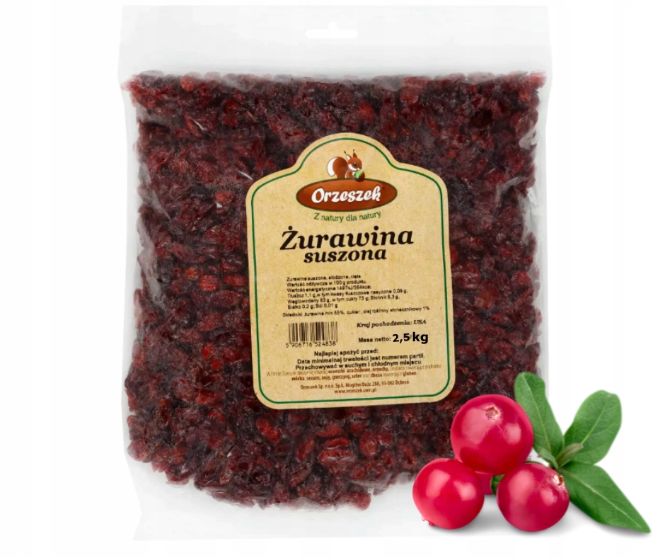 Levně Sušené brusinky Orzeszek 2,5 kg Řezaná Přísada Do Koláčů Ovesných Dezertů