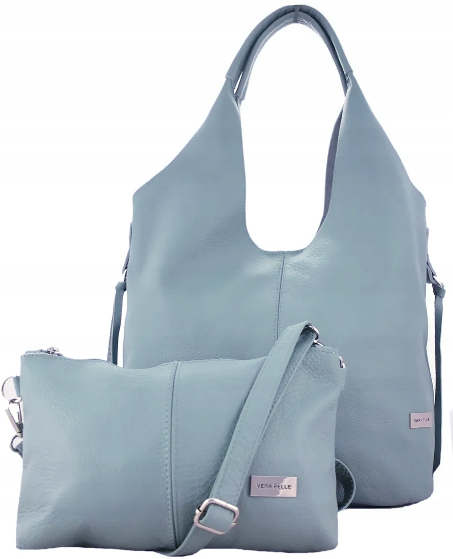 Skórzana Torebka Shopper Skóra Naturalna Włoska Vera Pelle model 2w1 Błękit
