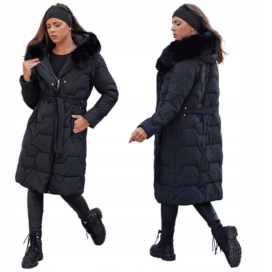 PIKOWANA DAMSKA ZIMOWA KURTKA/PŁASZCZ Z KAPTUREM CZARNA ty4613 - L