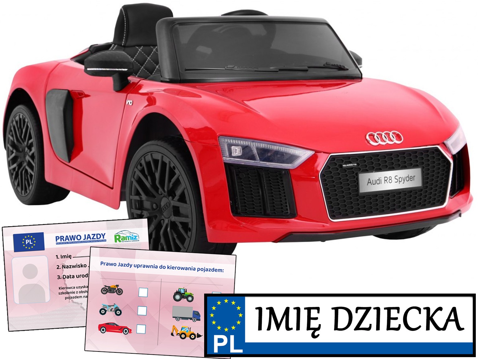 samochód dla dzieci Audi R8 Spyder Pilot tablica z imieniem