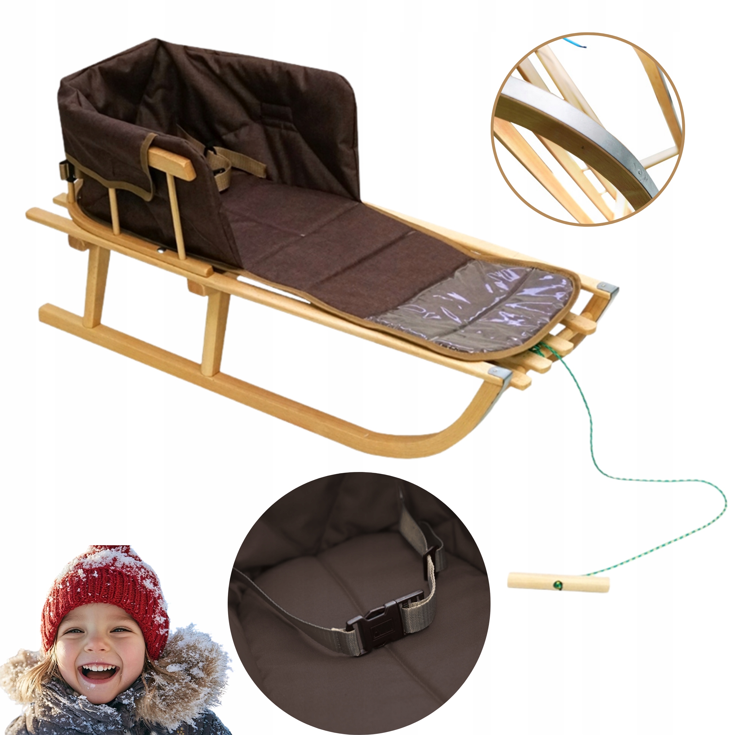 Sanki drewniane z oparciem materacyk dla dziecka Polskie Classic