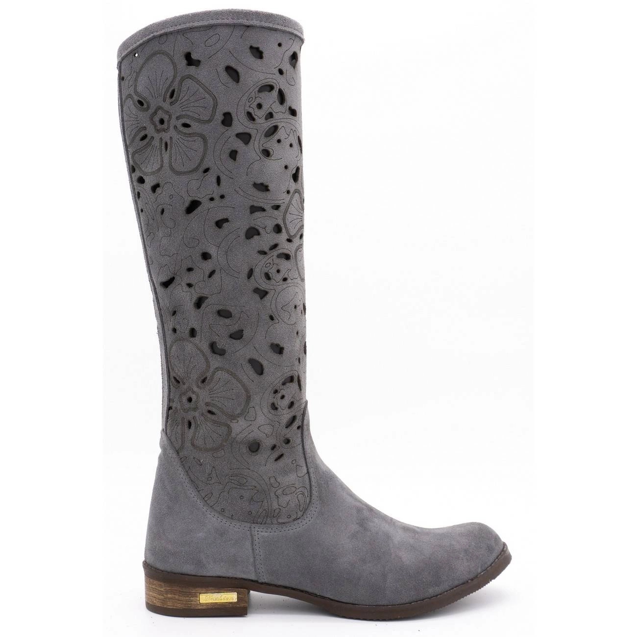 Dámské ažurové kozačky z přírodní kůže nubuk Květiny tmavě šedá 38