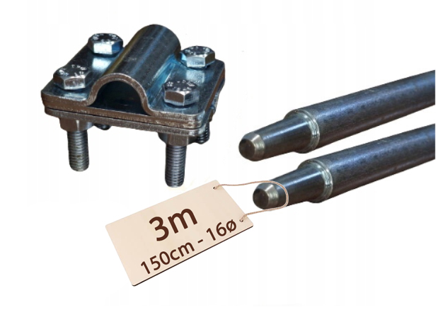 Uziom Składany Odgrom Komplet Ocynk Pv 2x1,5M 3M fi 16mm
