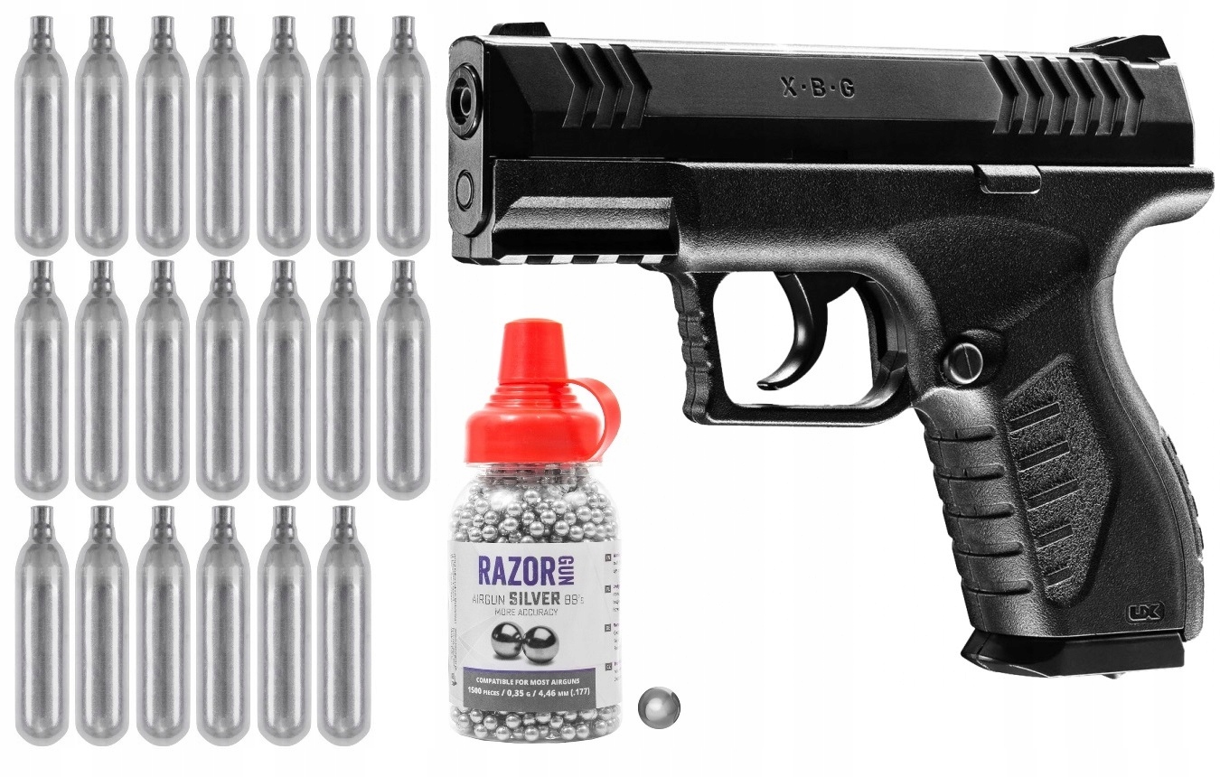 Pistolet Wiatrówka Umarex Xbg 4,5mm śrut 1500 Bb Silver 20 CO2 Zestaw