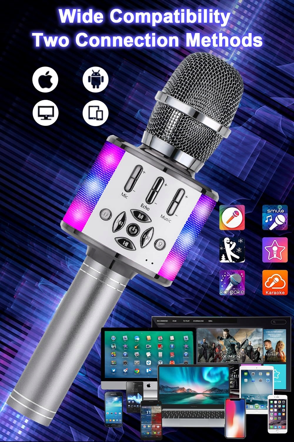 BONAOK Mikrofon Bluetooth Bezprzewodowy Dla Dzieci LED Karaoke Party Dom — miniatura 5