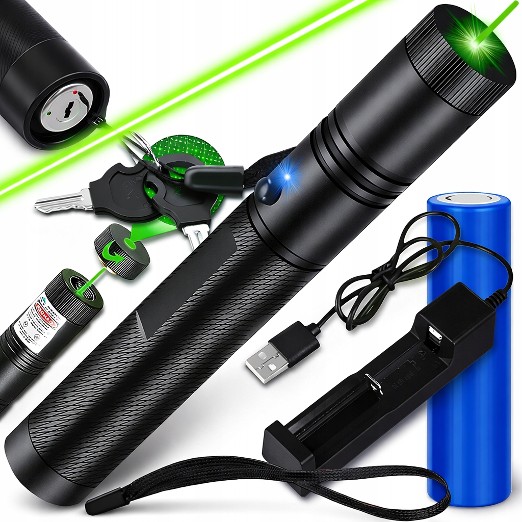 Laser Wskaźnik Laserowy Mocny Zielony Punktowy Akumulator Ładowarka 4w1