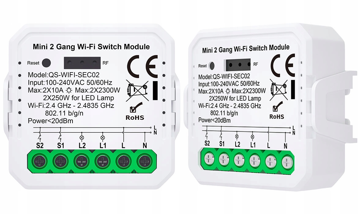 PRZEKAŹNIK WIFI TUYA DOPUSZKOWY MINI V3 PODWÓJNY Zasilanie sieciowe