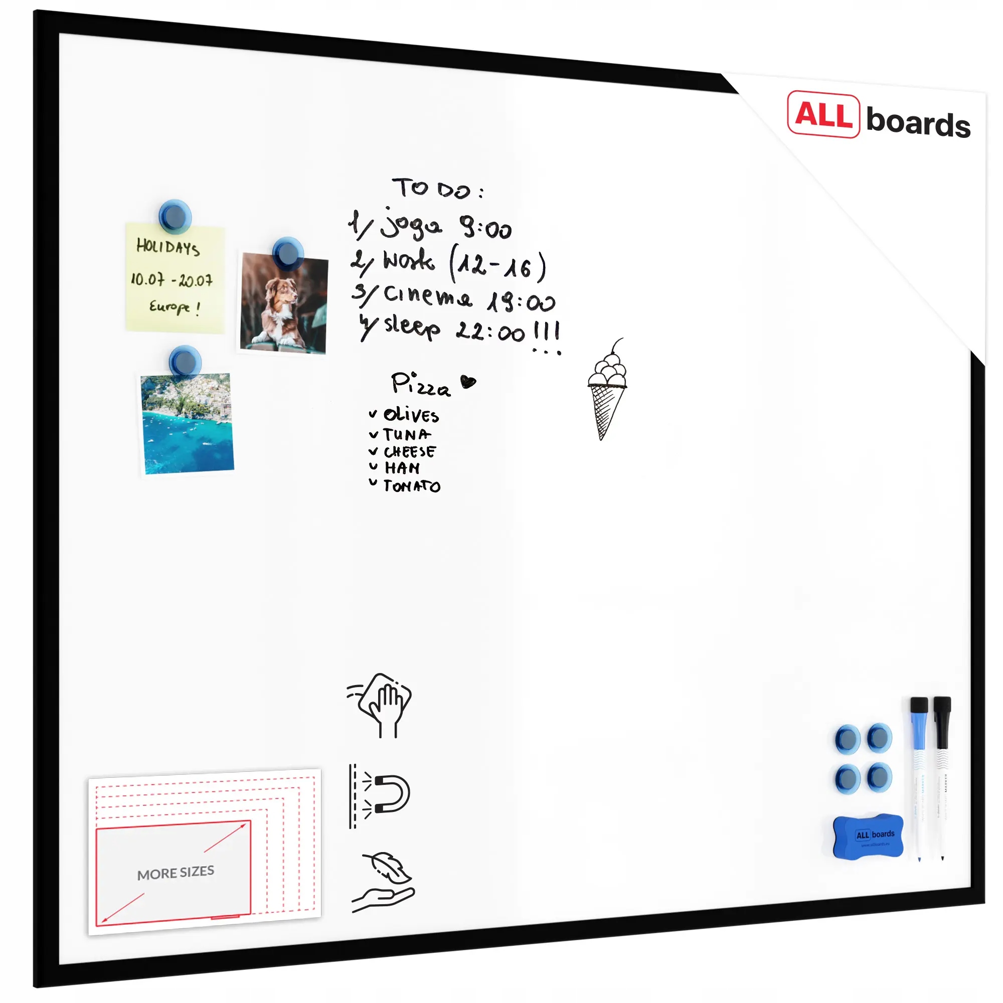 Tablica suchościeralna magnetyczna biała 100x80 cm rama drewniana czarna
