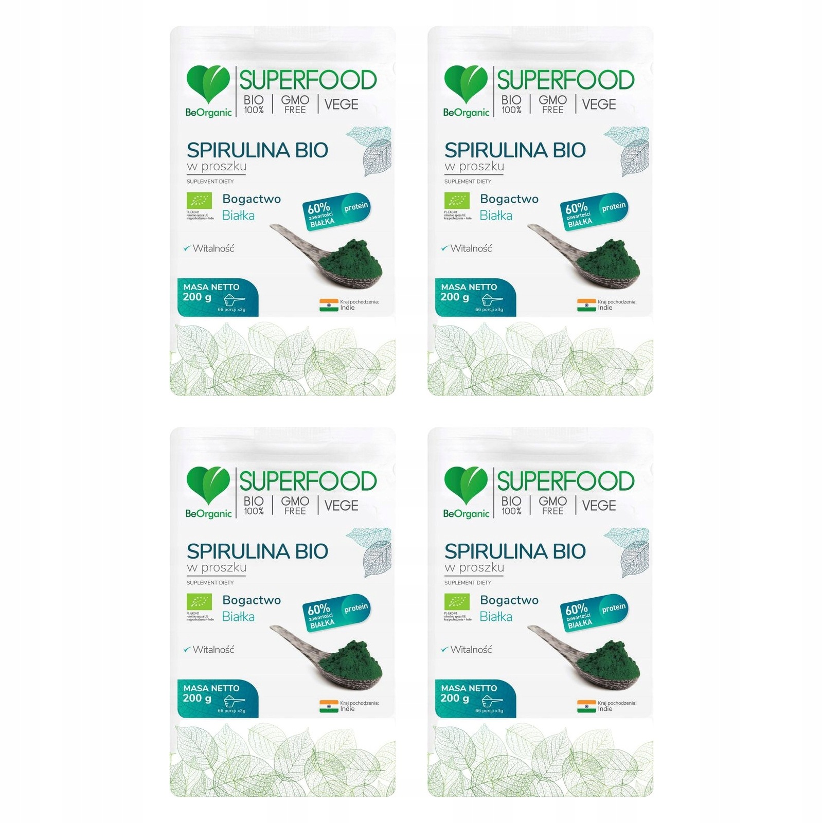 4x Beorganic Spirulina Bio Arthrospira Platensis Mikroalga Proszek 200 g