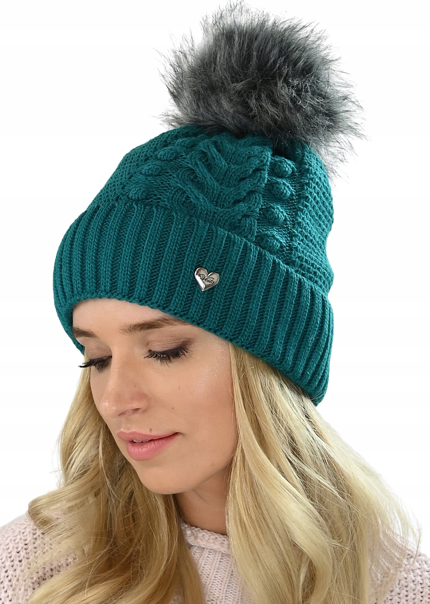 

Turkusowa Zimowa Czapka z pomponem V6