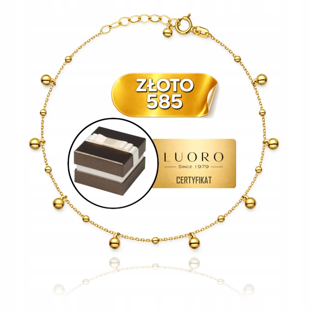 Zlatý Náramek 585 14K Závěsné Kuličky 17 CM Nastavitelné Elegantní