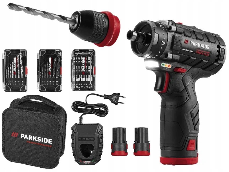 Wiertarka wkrętarka bezszczotkowa Parkside Pbspa 12V 2ah x2 ład