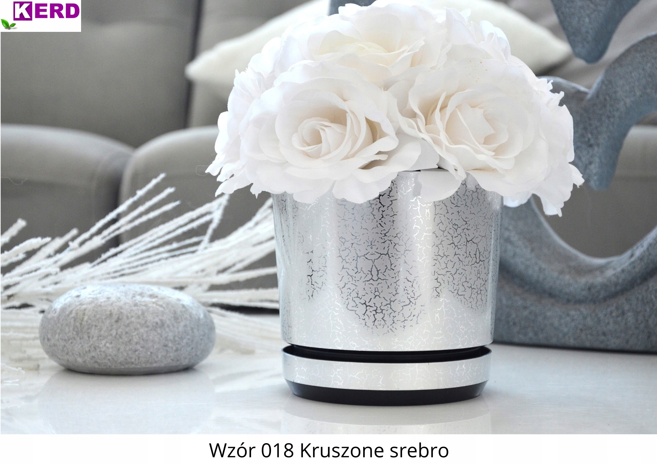 12 Doniczka z podstawką KRUSZONE SREBRO subtelny połysk storczyk orchidea Kolor czarny szary wielokolorowy