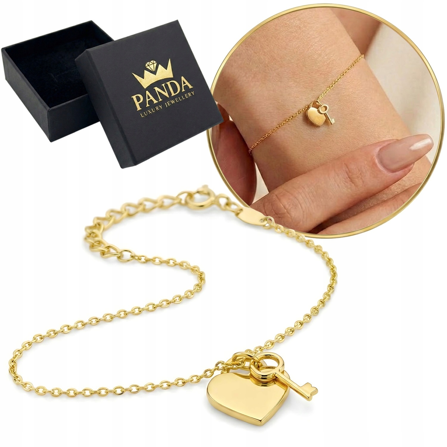 Zlatý náramek 585 Celebrity Srdce Klíček Zlato 14K Dárek Dámský