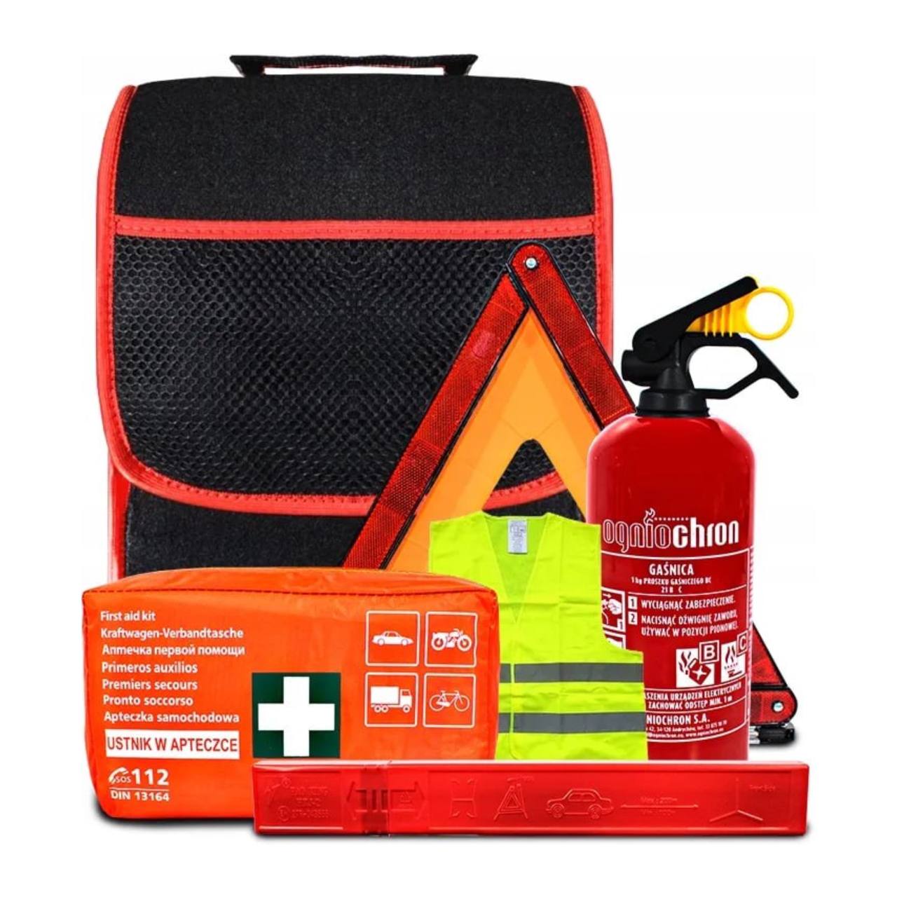 ZESTAW TRÓJKĄT APTECZKA GAŚNICA KAMIZELKA + TORBA