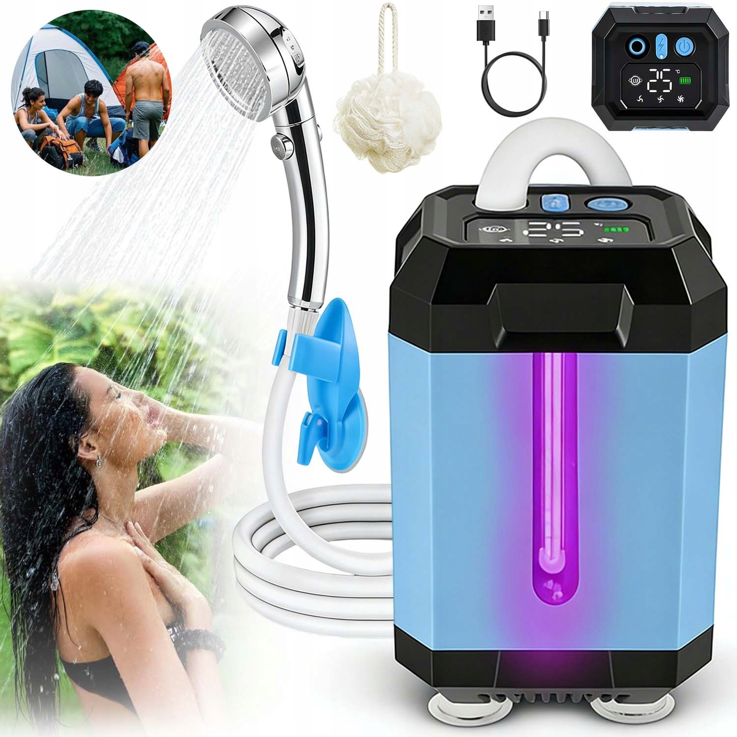 Přenosná Turistická Sprcha Campingová Akumulátor 5400MAH S Pumpičkou