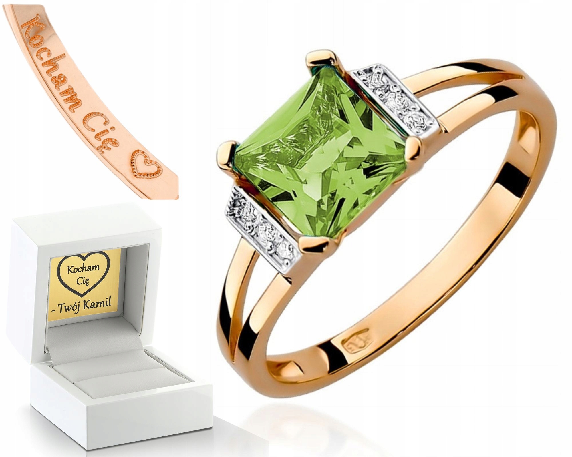 Prstýnek Z Růžového Zlata Olivín A Brilianty 585