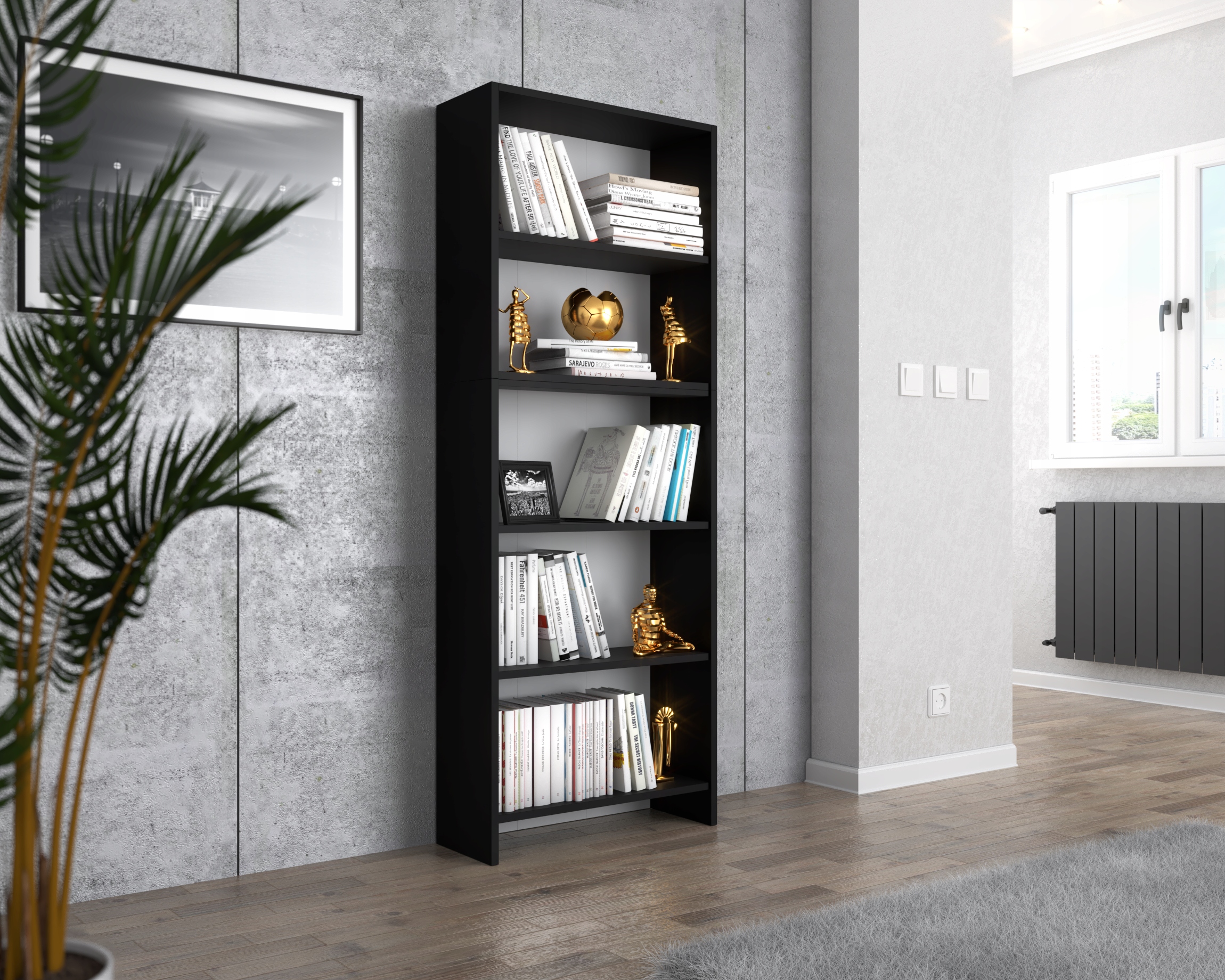 Regał Na Książki Czarny z 5 Półkami 60 CM Segregatory Zabawki Salon Biuro Marka Stiv-Meble