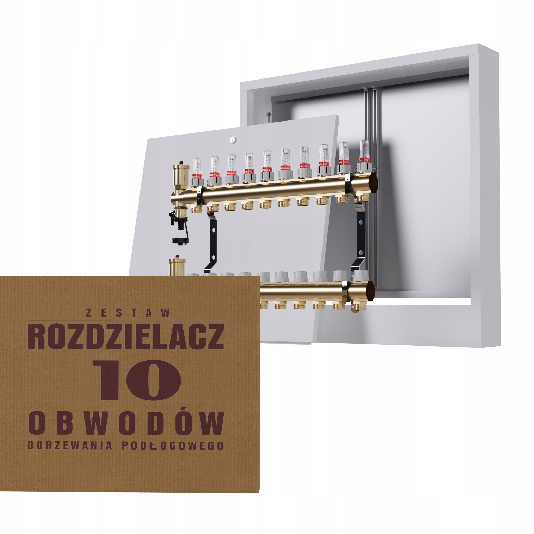 Rozdělovač na podlahy mosazný 10-okruhový a nástěnná skříňka bílá