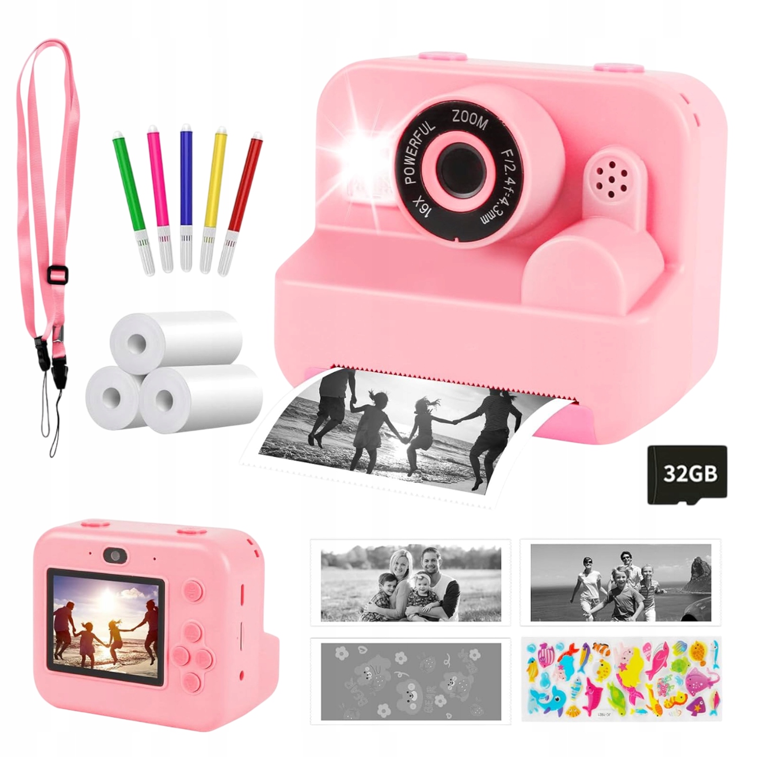 Růžový Instantní Fotoaparát S Usb 32GB Kartou A Samolepky Pro Děti