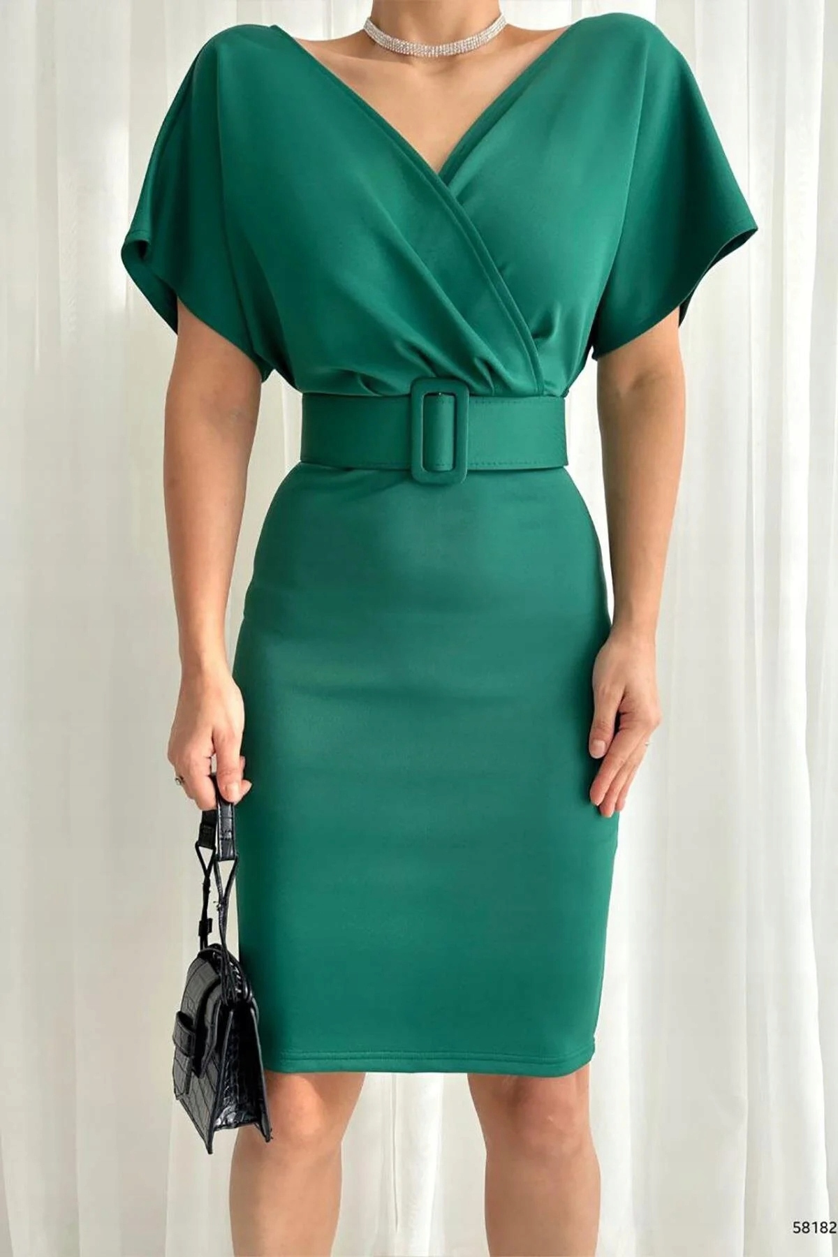Zelené Šaty Elegantní Mini S Páskem A Zavinovacím Výstřihem 2XL 5GA
