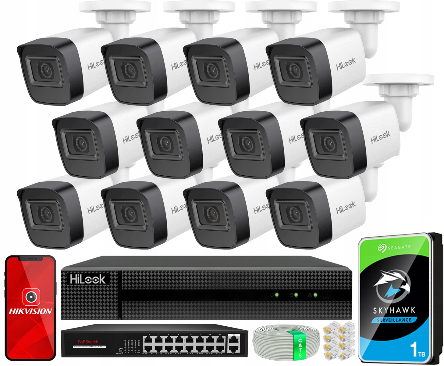 Zestaw kamer monitoringu 12x IPCAM-B4-P Rejestrator NVR-116MH-C 16x PoE