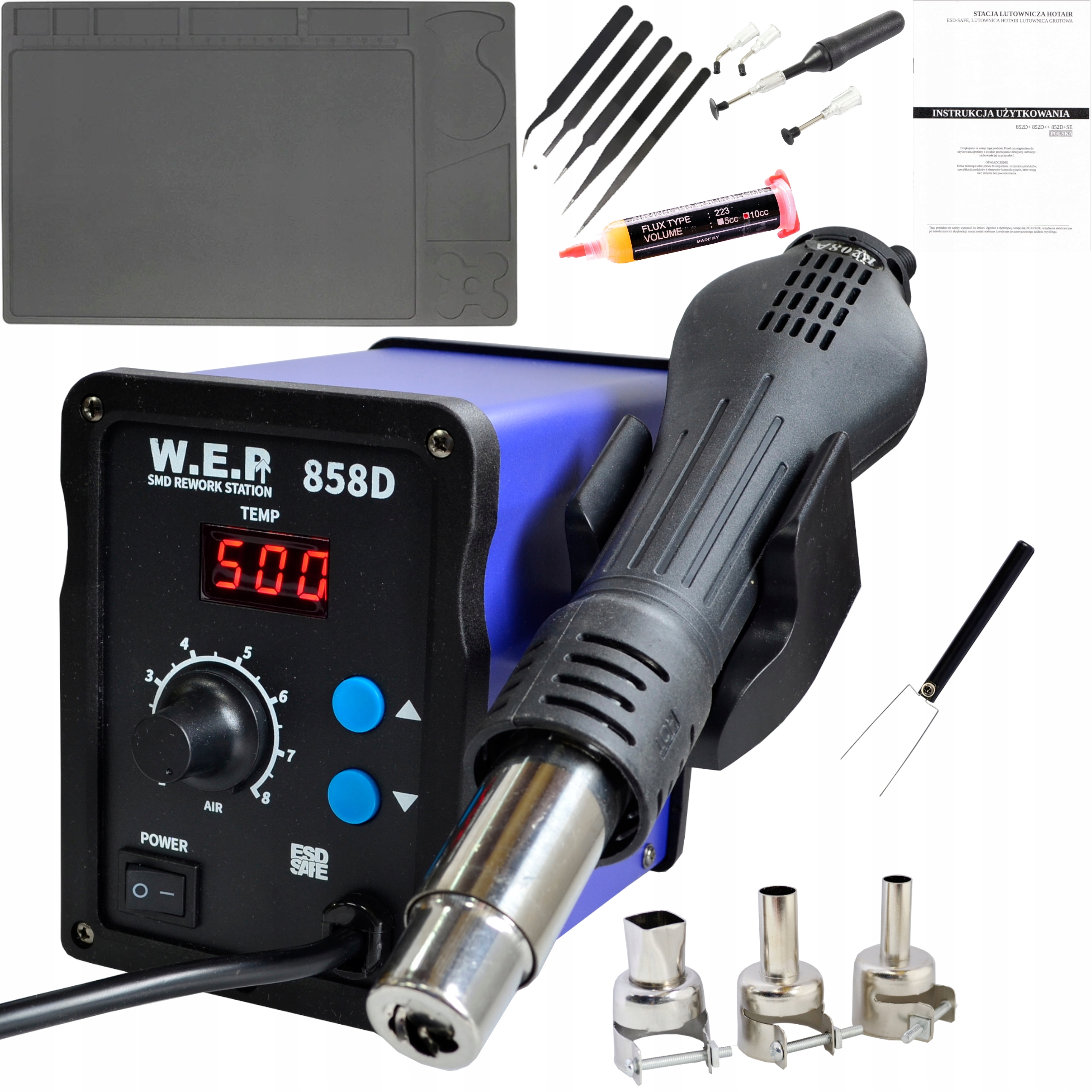 Stacja Lutownicza Hotair Wep 858D +Mata, flux 223, pęsety, chwytak
