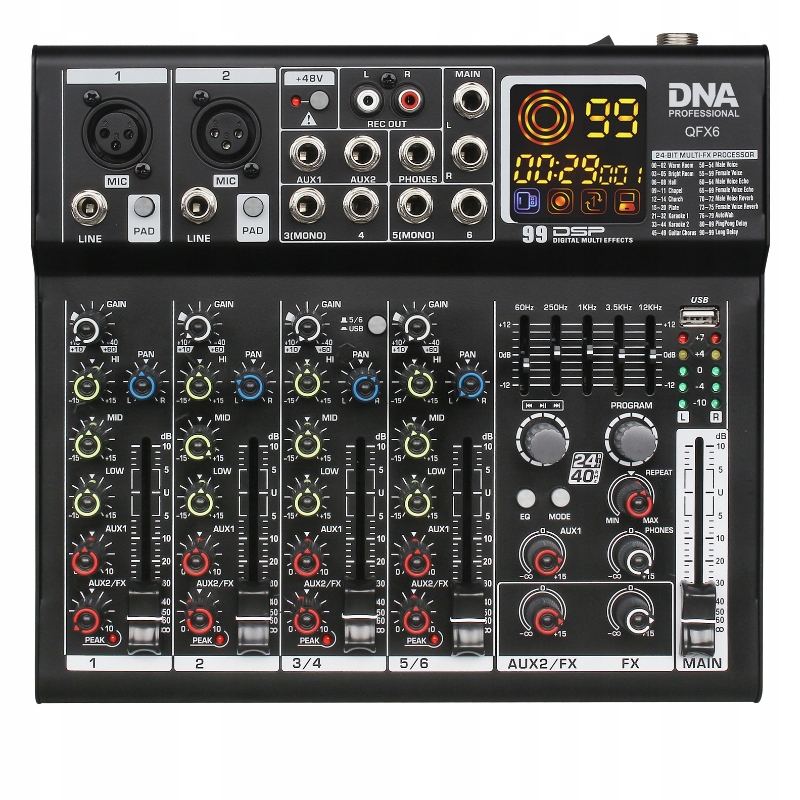 Mikser Audio Analogowy Usb 6 Kanałów Bluetooth MP3 Phantom +48V Dna QFX6