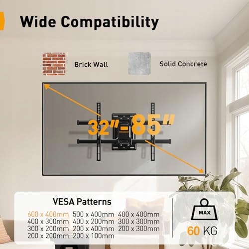 PERLEGEAR Uchwyt TV Na Ścianę 32-85 Cal 60kg Regulowany Max VESA 600x400mm — miniatura 2