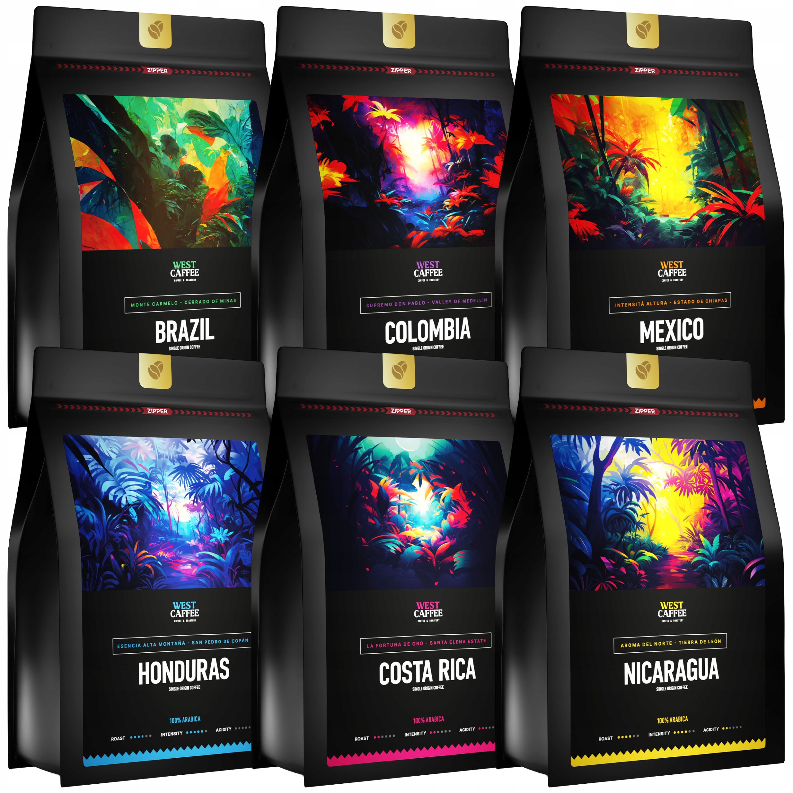Levně Káva Zrnková Sada 6 x 500 g West Caffee MIX Čerstvě pražená 100% Arabica