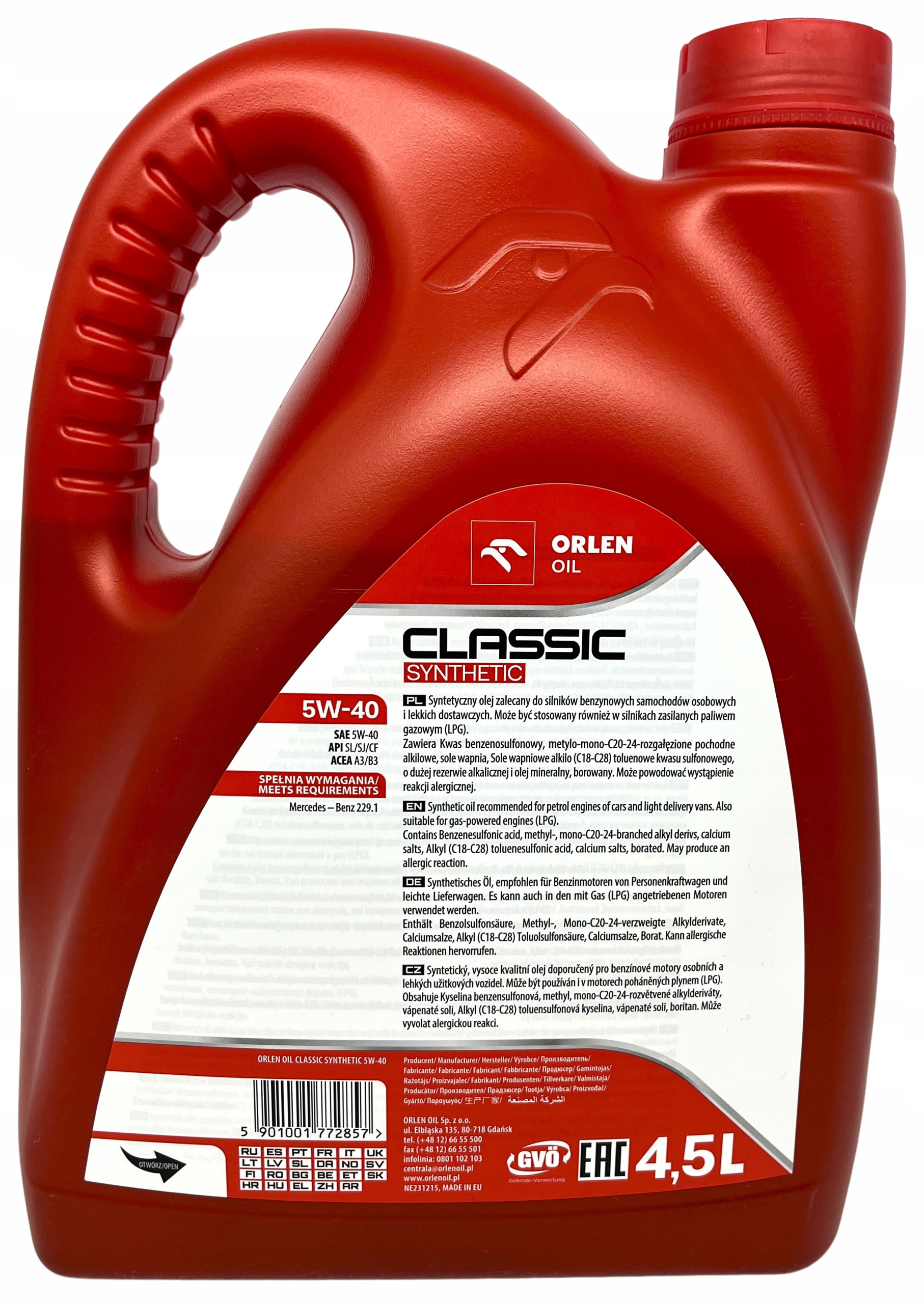 5W40 OLEJ SYNTETYCZNY ORLEN Oil PLATINIUM CLASSIC SYNTHETIC 4,5L ZAWIESZKA Rodzaj syntetyczne