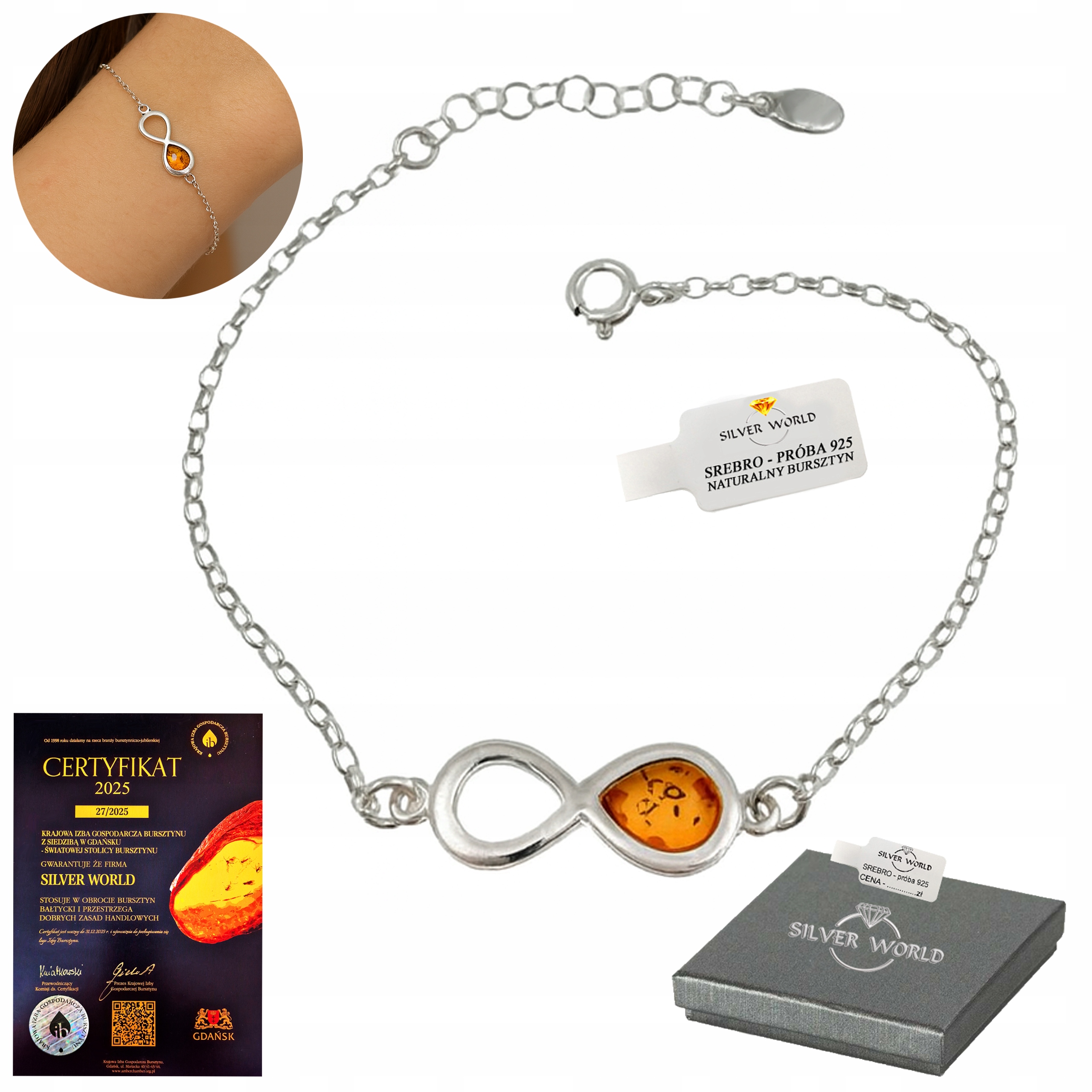 Bransoletka Srebrna 925 Z Bursztynem Bałtyckim