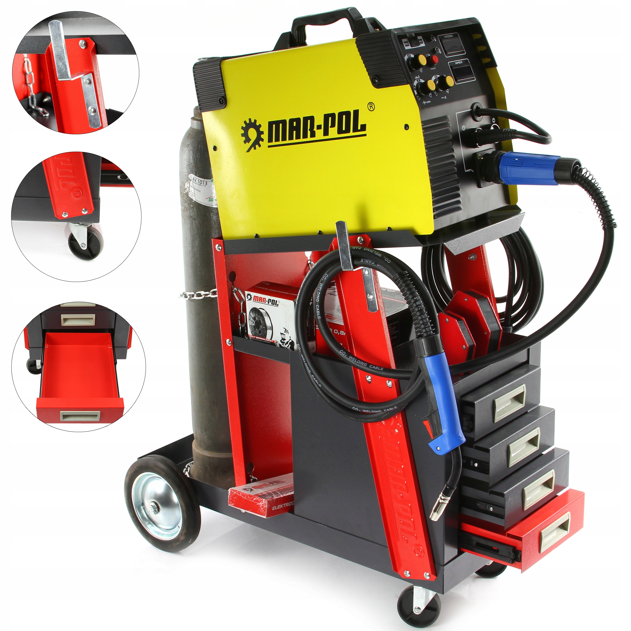 WÓZEK SPAWALNICZY Z 4 CZTEREMA SZUFLADAMI DO SPAWAREK + PÓŁKA NA BUTLE