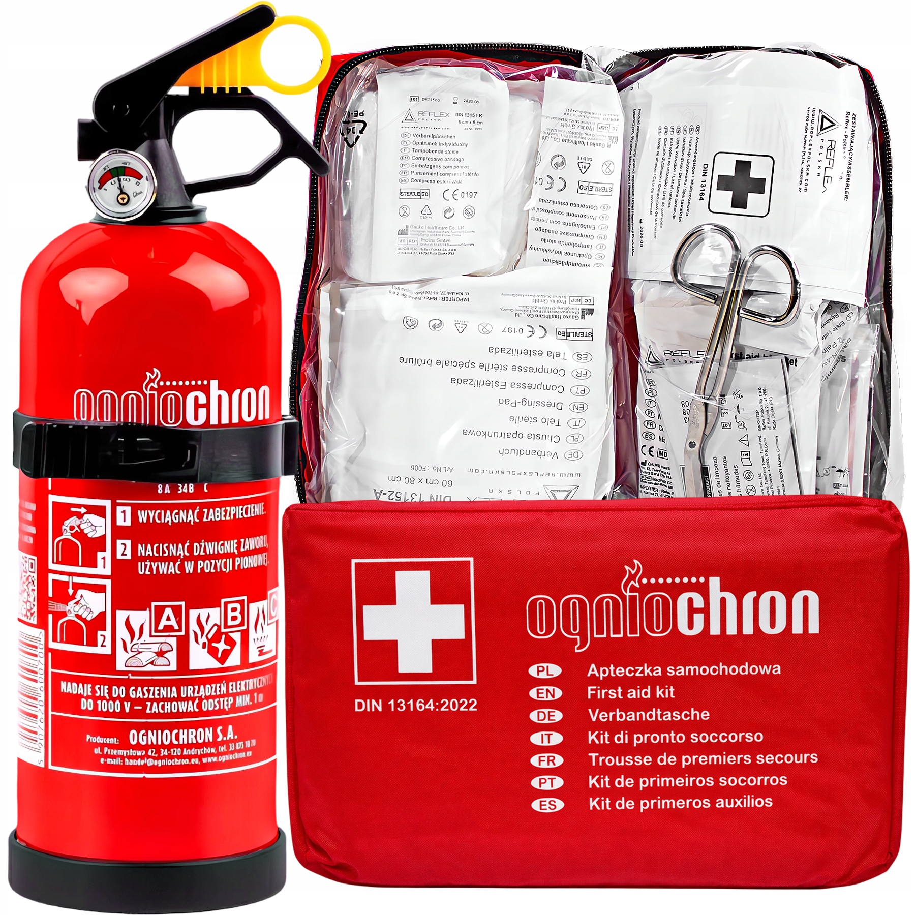 Gaśnica 1KG Samochodowa Ogniochron Manometr Apteczka DIN13164
