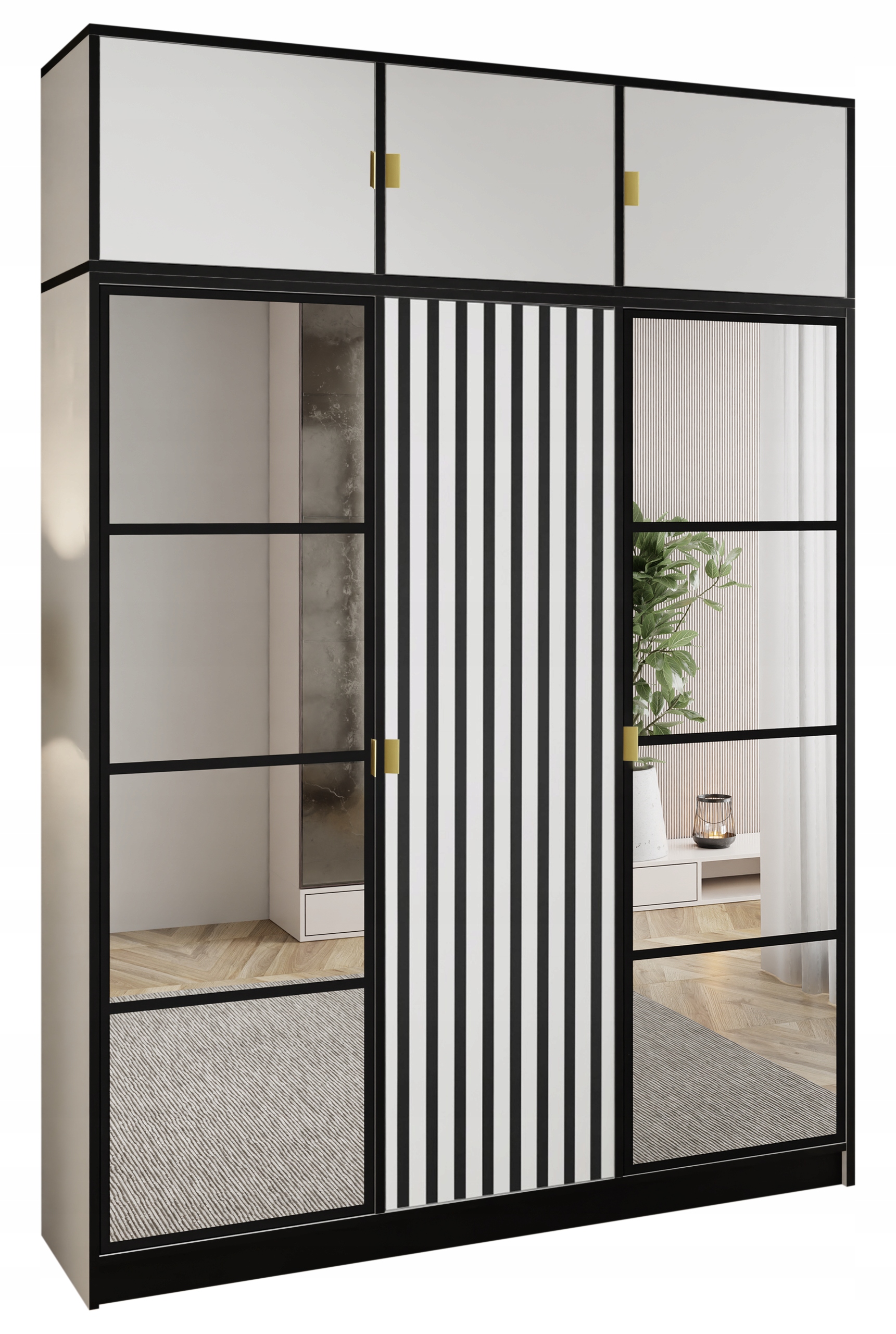 Skříň šatní Lumi 157 3D Bílá 2x zrcadlo eden Vzor 3 Úchyt zł. s Nástavcem