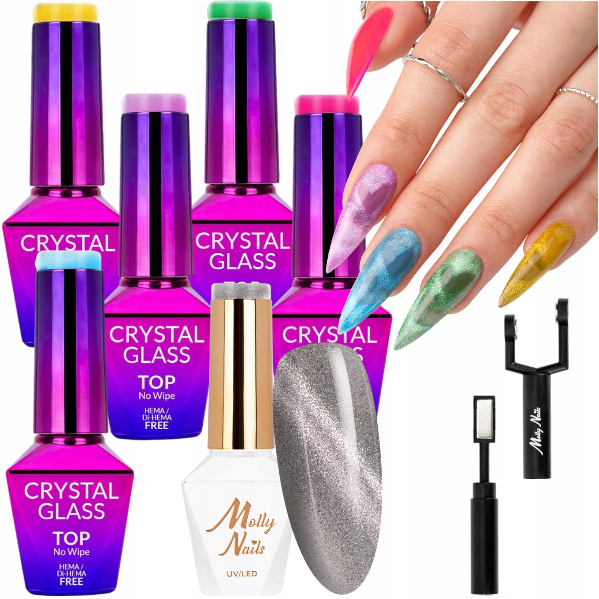 5x Hybridní top Mollynails 10g Crystal Glass Lak Cat Eye Set 7v1