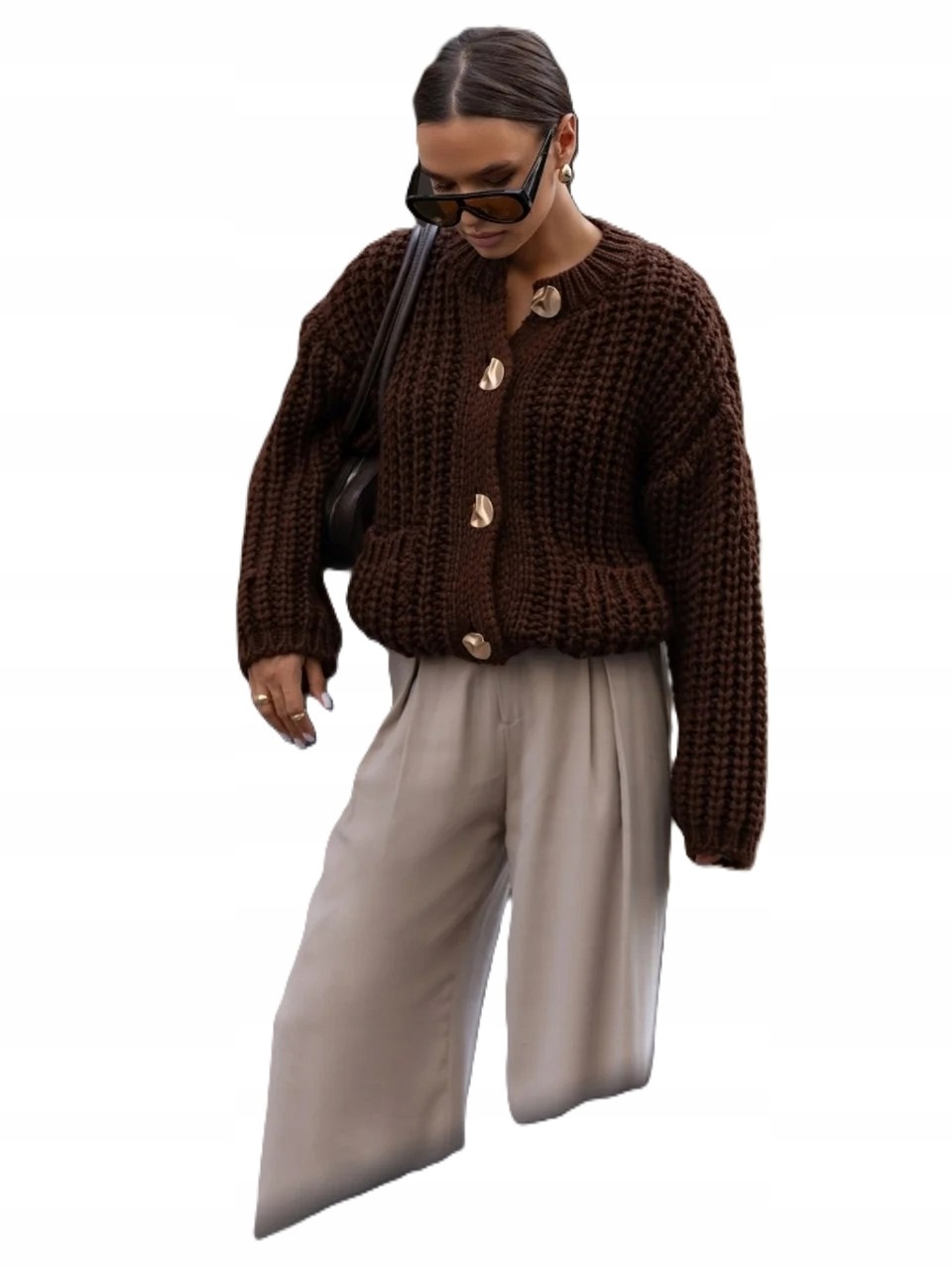 Dámský rozepínací svetr typu oversize, zlaté knoflíky, hnědý, Cocomore, new