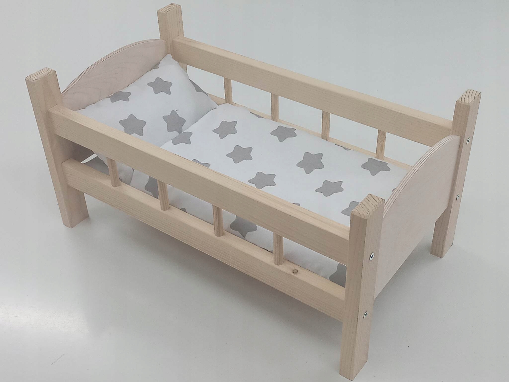 ŁÓŻECZKO DREWNIANE DUŻE dla lalek POŚCIEL 3 elementy