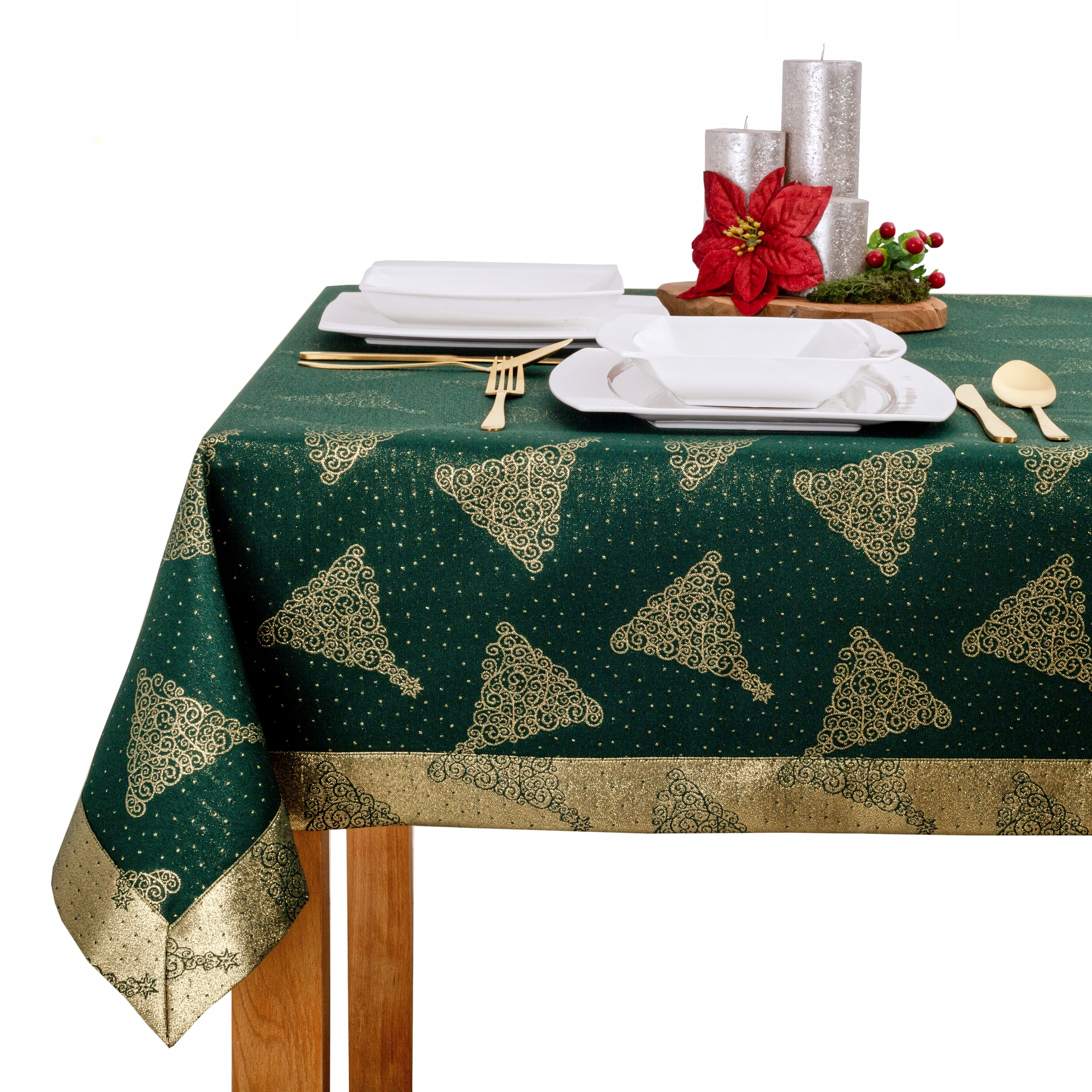 Elegantní zeleno-zlatý vánoční ubrus Ornamentové vánoční stromky 130 x 160 cm