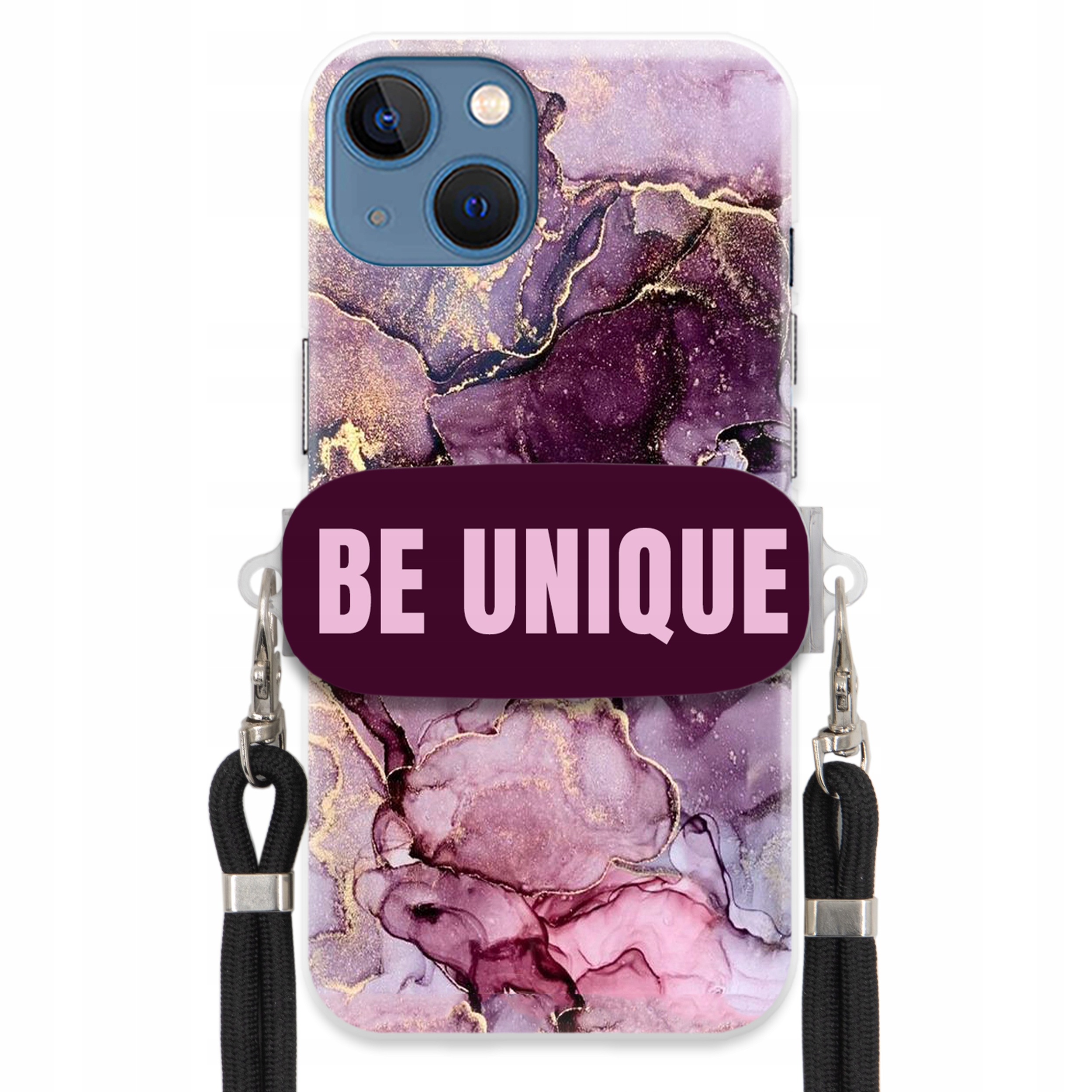 Prémiové puzdro pre iPHONE 15 držiak na šnúrku, čierna, fialový mramor