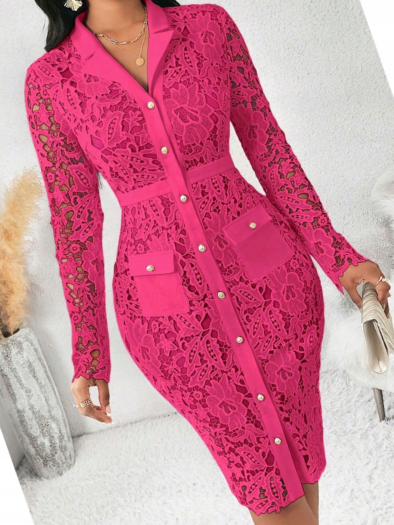 Šaty Midi Návštěvnická z Gipiurové krajky Růžová Košilová L