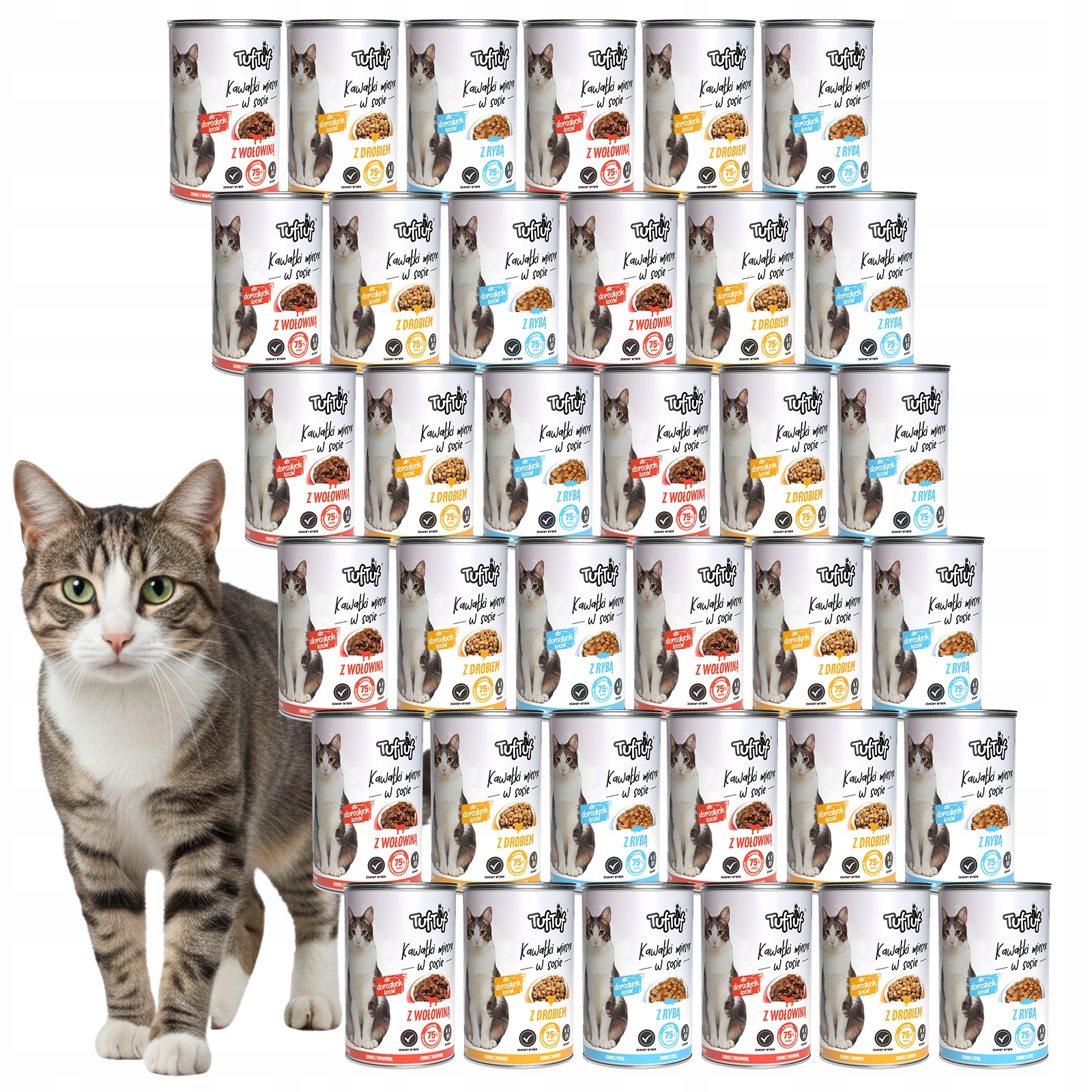 Mokré Krmivo Pro Kočky TufTuf konzerva s kousky masa MIX Chutí Set 36x415g