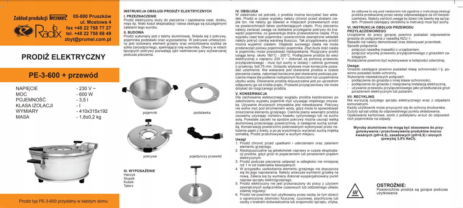Prumel elektryczny piekarnik Prodiż PE 3-600 3,5l Marka Prumel