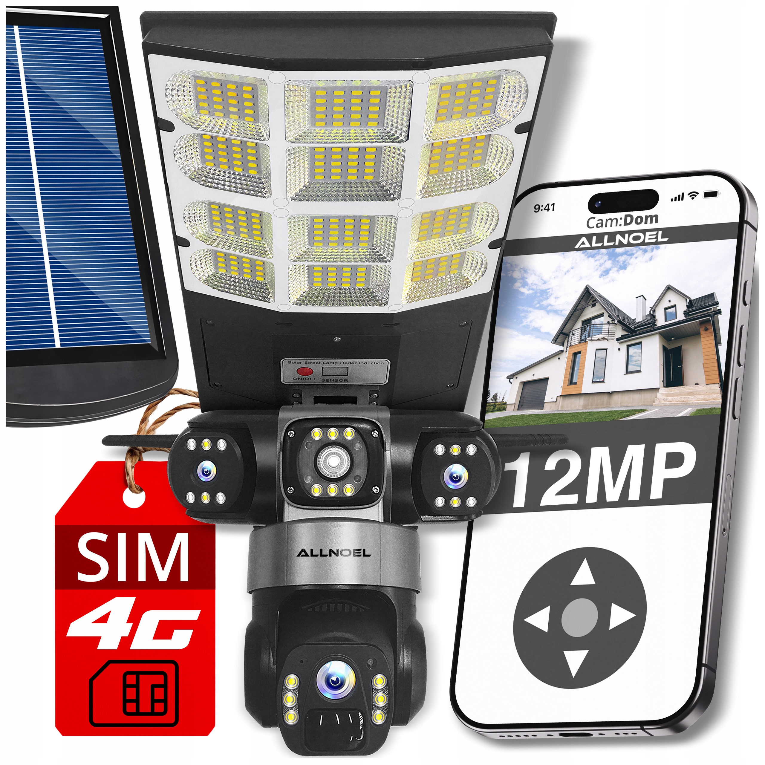 KAMERA SOLARNA OBROTOWA 3 OBIEKTYWY 12MPx NA KARTE SIM BEZPRZEWODOWA LAMPA